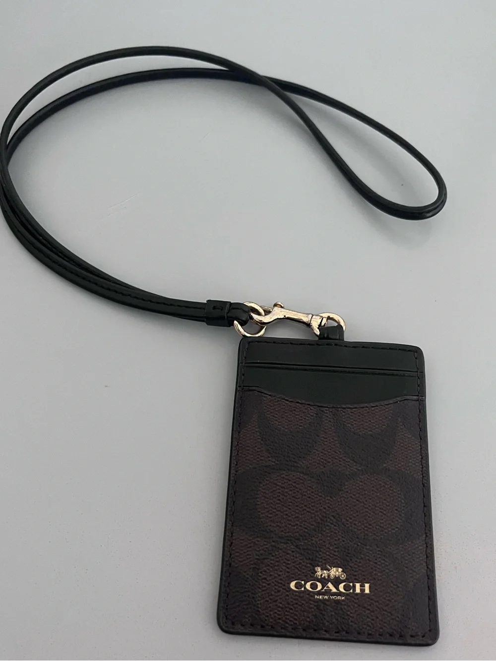 Coach Black and Brown Signature Cardholder Lanyard with Gold Hardware